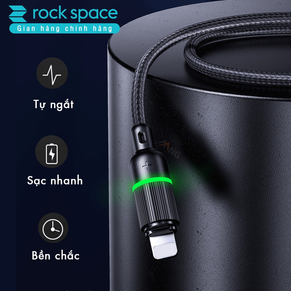 Dây cáp sạc tự ngắt khi đầy pin sạc nhanh cho iphone Rockspace R10, dây dù, có đèn led báo sạc, hàng chính hãng BH 1 năm