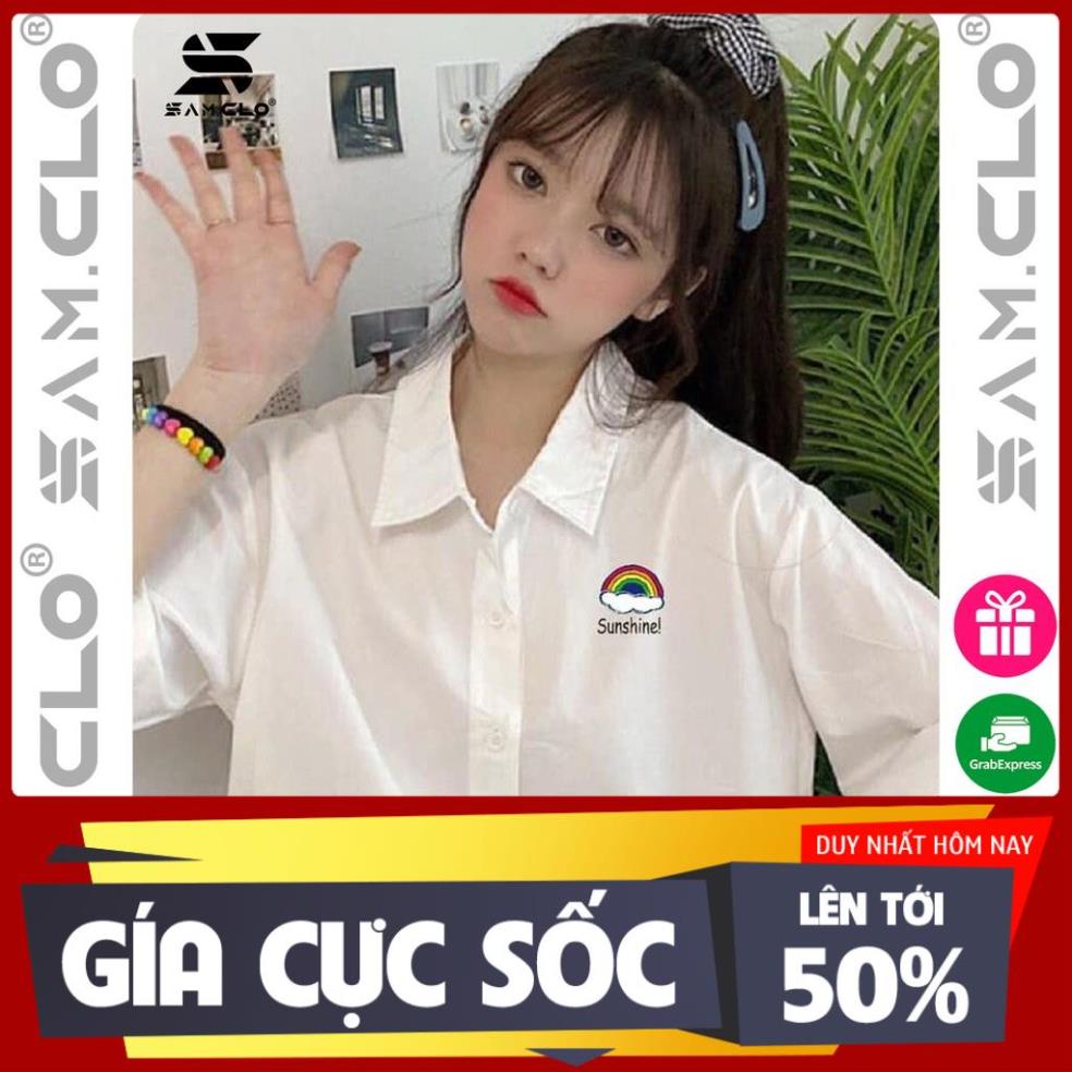 Áo sơ mi nữ cổ bẻ tay ngắn SAM CLO phong cách ulzzang dáng unisex freesize form rộng hình CẦU VỒNG chữ SUNSHINE !