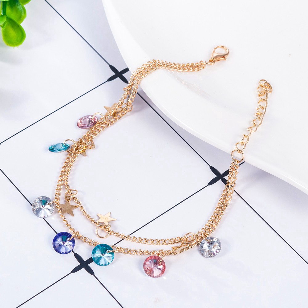 [READY STOCK] Fashion Beach Colorful Crystal Star Anklet Shiny Women Double Layer Feet Chain