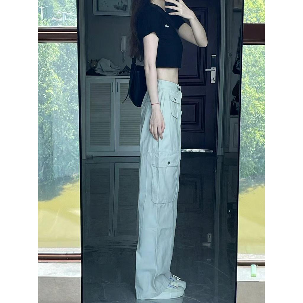 Xiaozhainv Quần Jean Dài Lưng Cao Ống Đứng Phối Hai Túi Thời Trang Đường Phố Cá Tính Cho Nữ