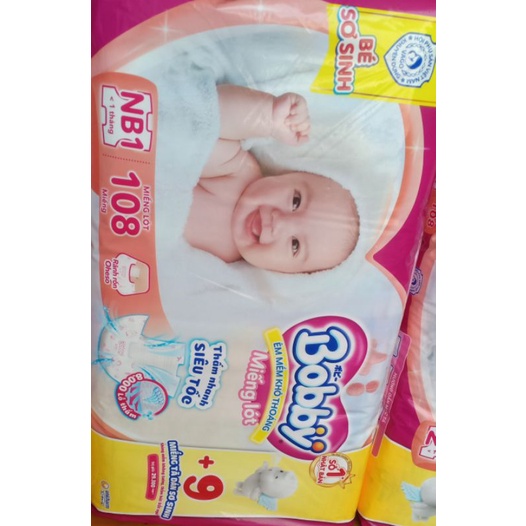 Miếng lót sơ sinh Bobby Newborn 1- 108 miếng + 9 miếng tã dán sơ sinh