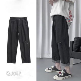 Quần jeans đen rách gối nam nữ dáng suông , ống rộng , không phai màu phong cách dạo phố Hàn Quốc
