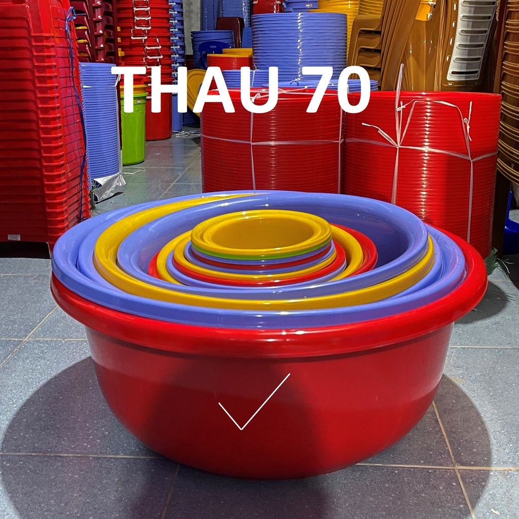 Thau nhựa tròn size 70 làm từ nhựa pp chính phẩm loại 1 dày dặn màu đỏ, xanh, vàng bóng đẹp an toàn với người sử dụng