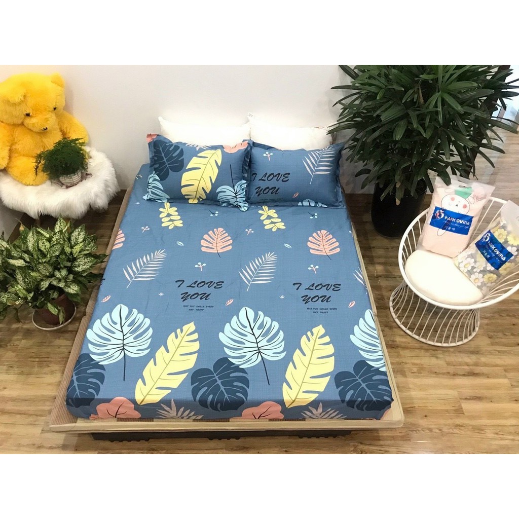 Bộ Ga Gối Poly Cotton lá dương xỉ loại đẹp bo chun đủ kích thước + vỏ gối ôm, chất mềm, không phai, không xù lông.