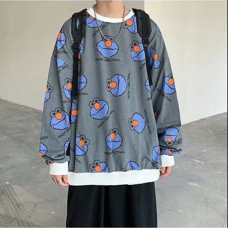 Áo Hoodie Nam Large Size Long-sleeved Sweater Boys Korean Loose Round Neck Thin Hip-hop Cartoon Print Tops | BigBuy360 - bigbuy360.vn