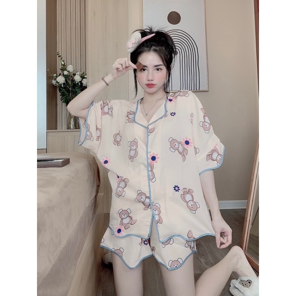 Đồ Bộ Mặc Nhà Pijama Tay Ngắn Quần Đùi Cổ Sen Chất Liệu Mango Mềm Mịn Mát - Meow Clothing