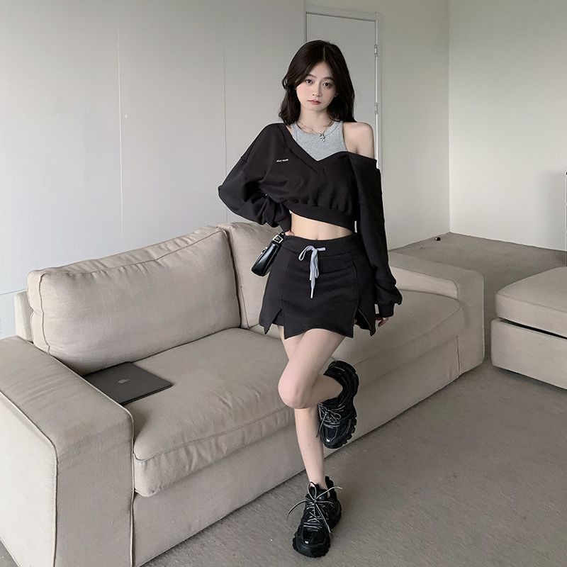 COZOK Set Áo Thun Tay Dài Trễ Vai + Chân Váy Lưng Cao Thời Trang Nữ