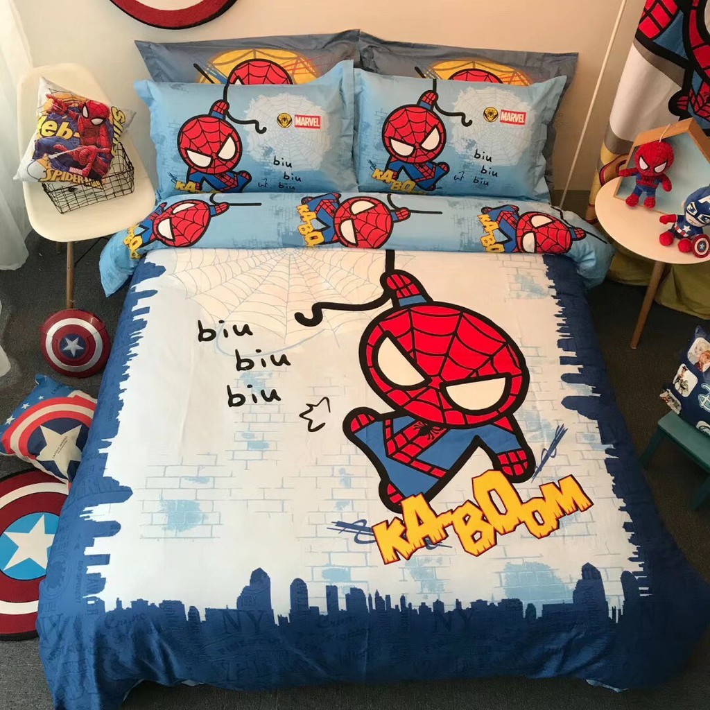 Bộ chăn ga siêu anh hùng Marvel Captain America, Iron man, Spider man 100% cotton cao cấp - Hàng xuất khẩu