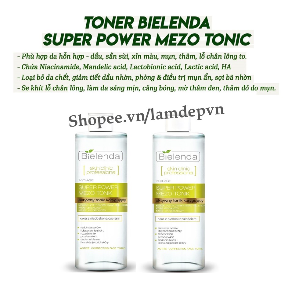 Toner Bielenda Super Power Mezo Tonic Skin Clinic Correcting/ Moisturizing làm căng bóng, sáng da, mờ thâm, se lcl