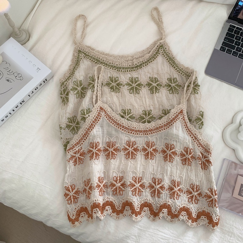 Áo Croptop Hai Dây Dệt Kim Chất Liệu Cotton Lanh Thêu Họa Tiết Trái Tim Xinh Xắn Cho Nữ