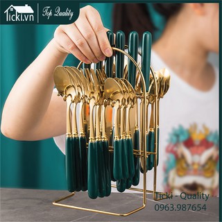 Bộ dao nĩa inox 304 mạ vàng cao cấp sang trọng mang phong cách Bắc Âu bộ dao dĩa Ticki – Quality