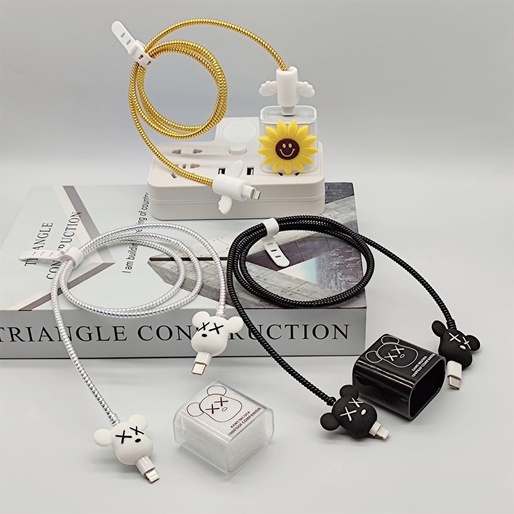 Bộ 4 Món Vỏ Silicon Chống Sốc Hình Gấu Hoạt Hình Dễ Thương Bảo Vệ Cáp Sạc Dữ Liệu Cho Apple iphone 18W/20w