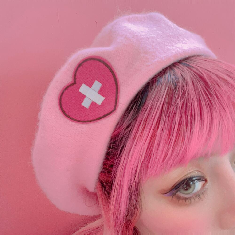 Millennium Spice Girl Beret Girls New Japanese Harajuku Y2K Sweet Soft Girl Love Cross Embroidery Beet Biscuits Hat