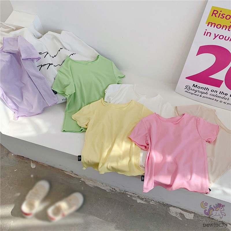 Áo thun tay ngắn màu trơn macaron thời trang Hàn Quốc dành cho bé gái