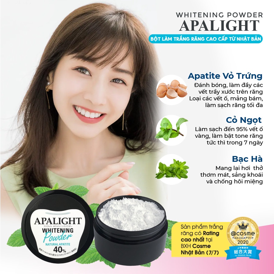 Bột đánh trắng răng APALIGHT Đánh bay đến 95% vết ố vàng, làm bật tone răng tức thì trong 7 ngày