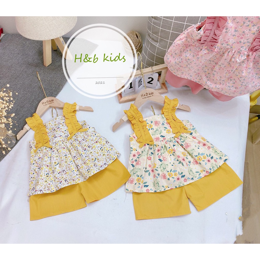Set áo hai dây bánh bèo siu cưng cho bé gái , chất liệu áo cotton dệt và quần đũi tơ siu mát