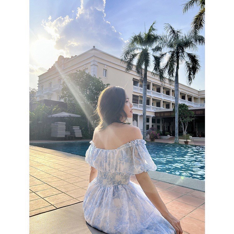 Đầm Voan Xanh Trễ Vai Dáng Xòe Đẹp Lung Linh UP