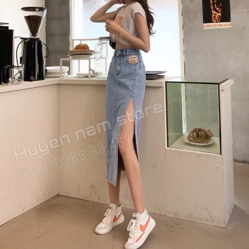 Chân váy bò dài xẻ mác nâu