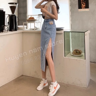 Chân váy bò dài xẻ mác nâu