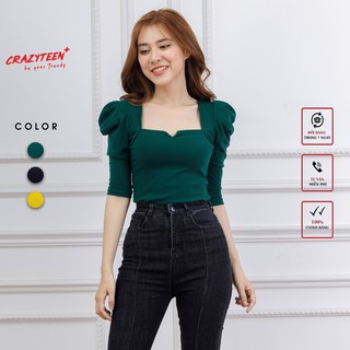 Áo thun tay lỡ bồng nữ CRAZYTEEN cổ vuông chất thun gân AT0107