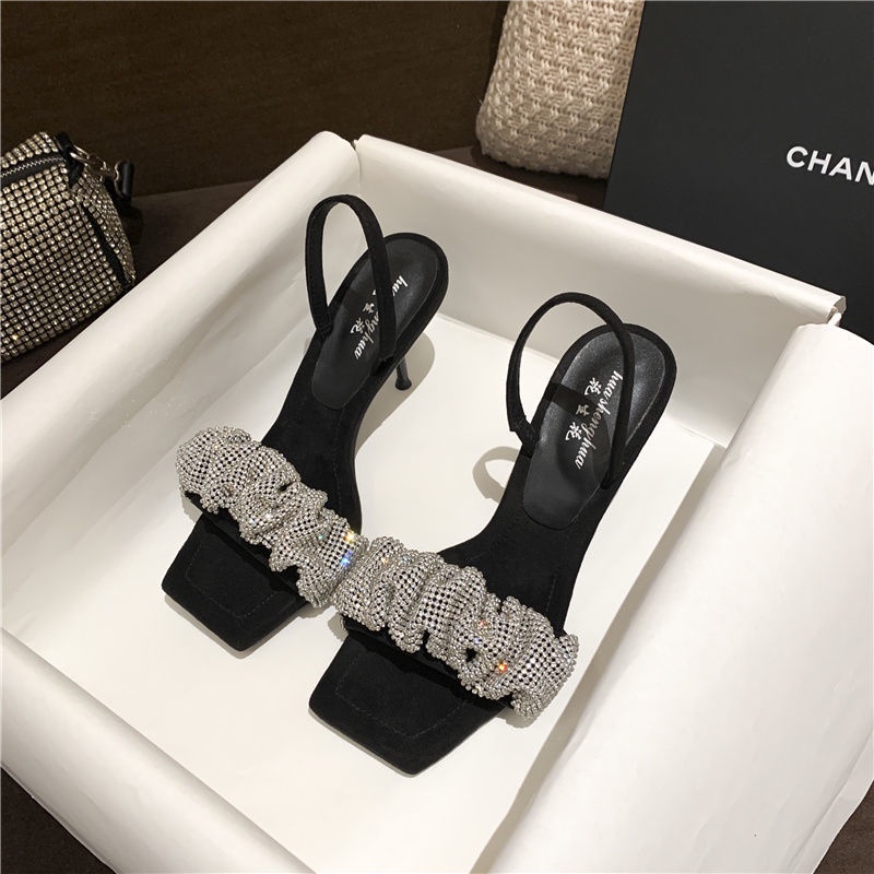 Jiashucheng Giày Sandal Cao Gót Mũi Vuông Đính Đá Thời Trang Mùa Hè Dành Cho Nữ