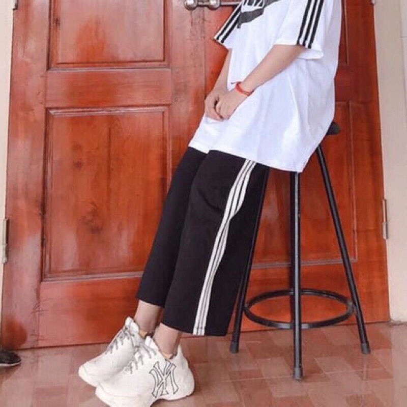 Quần dài thể thao 3 sọc ống rộng nữ Culottes suông 3 sọc ulzzang unisex  hot cạp cao 1 màu đen | BigBuy360 - bigbuy360.vn