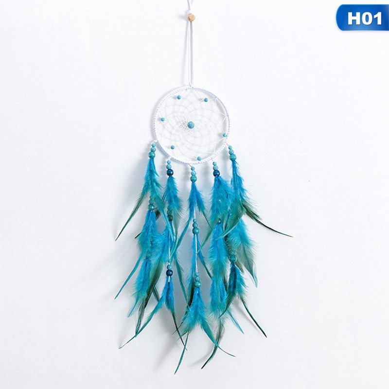 Dreamcatcher Đính Lông Vũ Màu Xanh Dương Có Đèn Led Trang Trí Phòng Ngủ Diy