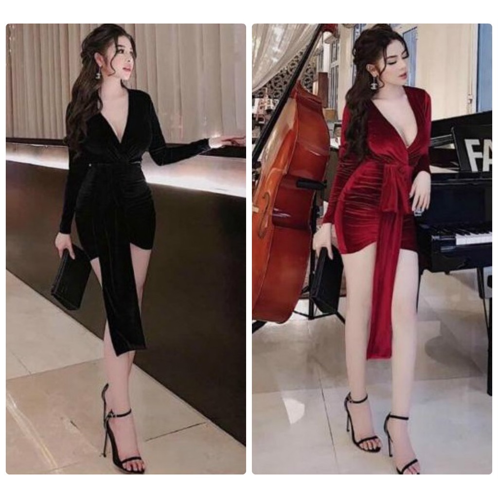 Đầm body tay dài đắp chéo hở ngực sexy