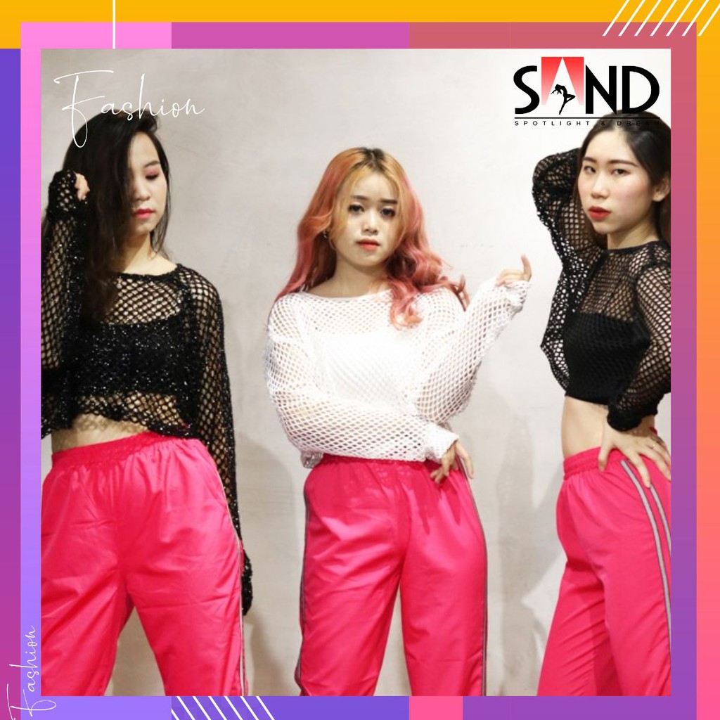 Áo Lưới Croptop Dài Tay Form Rộng 3 Màu Đen - Trắng - Đen kim sa Quyến rũ cho Nữ
