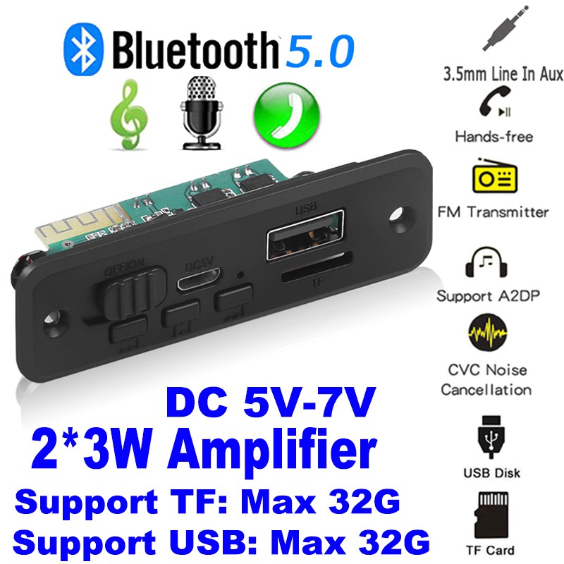 Bảng mạch giải mã âm thanh không dây DC 5V Bluetooth 5.0 Mp3 2x3W Fm cho xe hơi tiện dụng