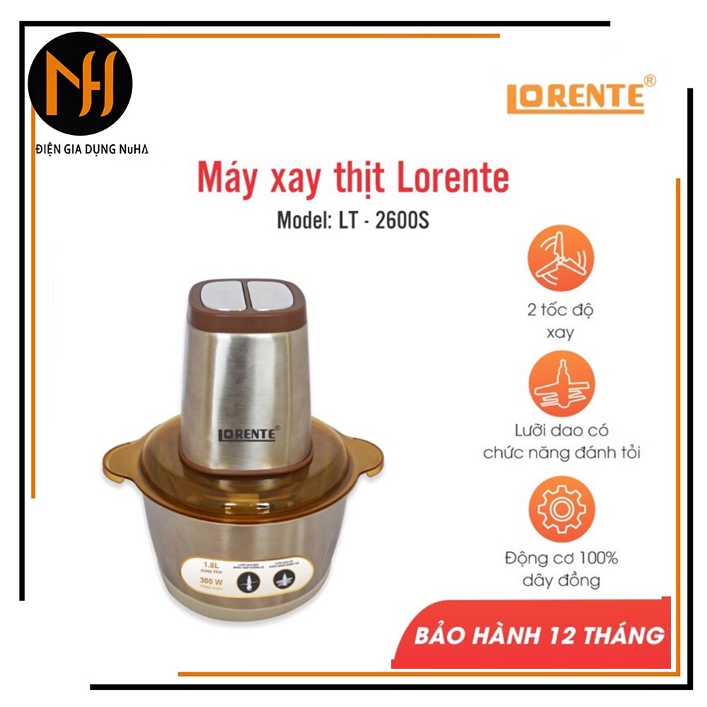 Máy xay thịt, bóc tỏi cối inox 1.8L LORENTE, công suất 300W, động cơ dây đồng, bảo hành 12 tháng