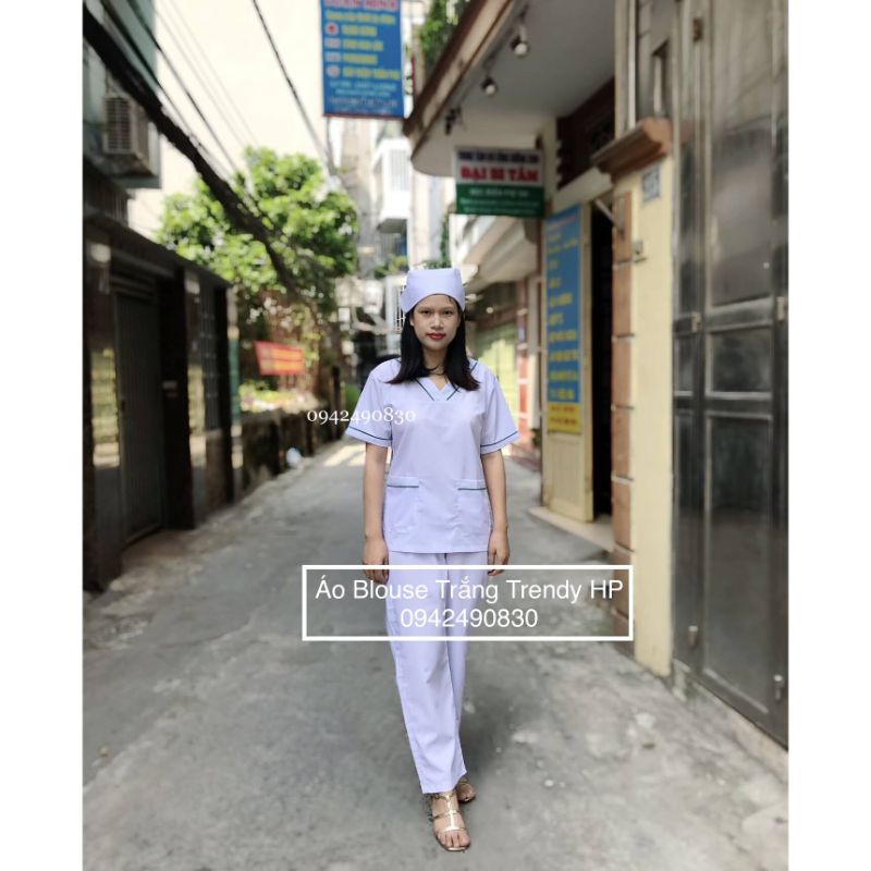 Bộ quần áo cổ tim blouse trắng viền Xanh Lá nam nữ - áo scrubs dược sỹ, thẩm mỹ viện, spa, phòng khám
