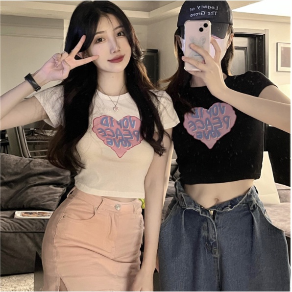 WANG JIAO ZHAN Áo croptop thun tay ngắn in họa tiết xinh xắn dành cho nữ