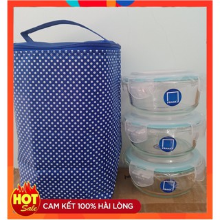 [SIÊU ĐẸP] Bộ 3 hộp thủy tinh đựng cơm 400ml kèm túi giữ nhiệt chấm bi 2 lớp