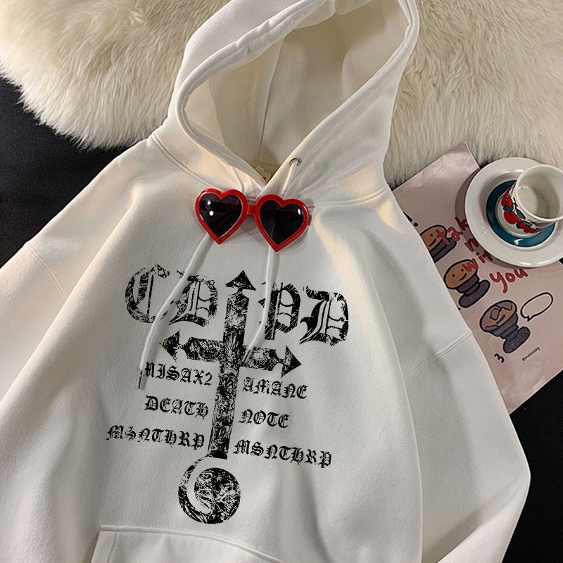 Áo hoodie oversize dài tay họa tiết thánh giá và chữ phong cách Death Note gothic thời trang đường phố