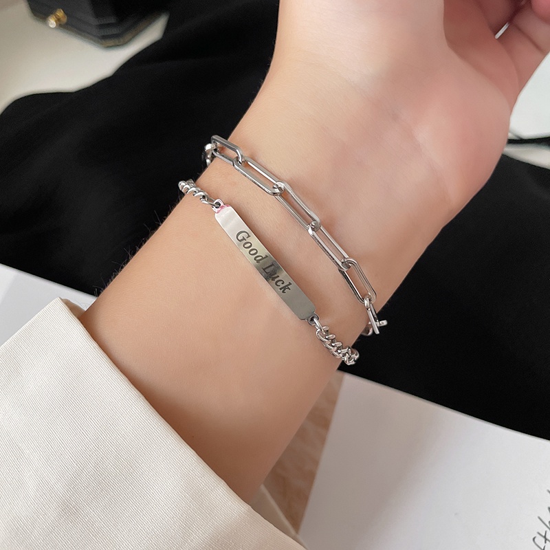 Vòng Tay Thép Titan Khắc Chữ May Mắn Phong Cách Âu Mỹ