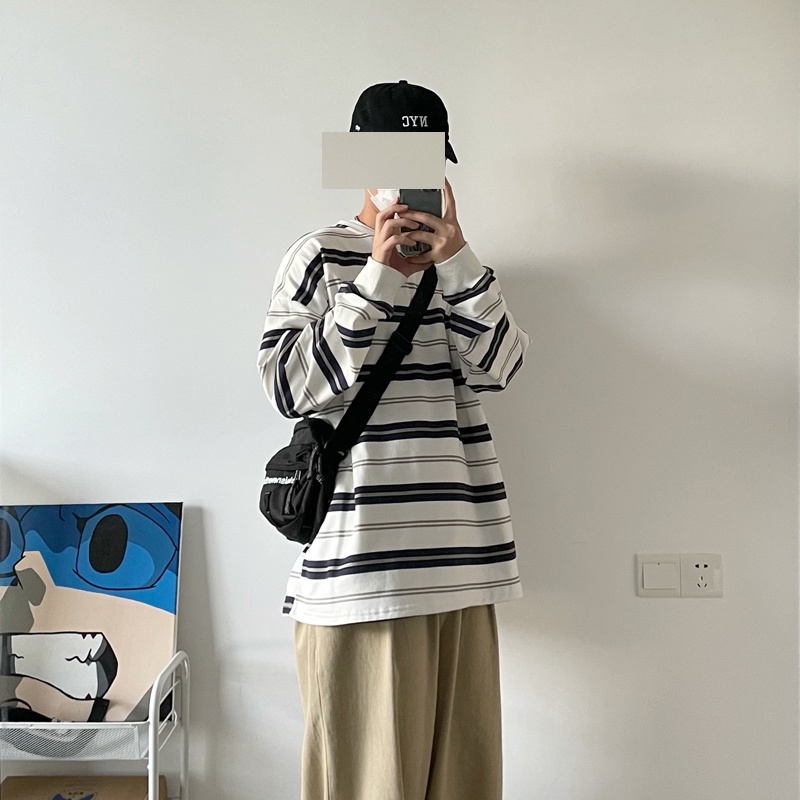 Áo Sweater Tay Dài Dáng Rộng Kẻ Sọc Vải Cotton Kiểu Retro Nhật Bản Thời Trang Cho Nam