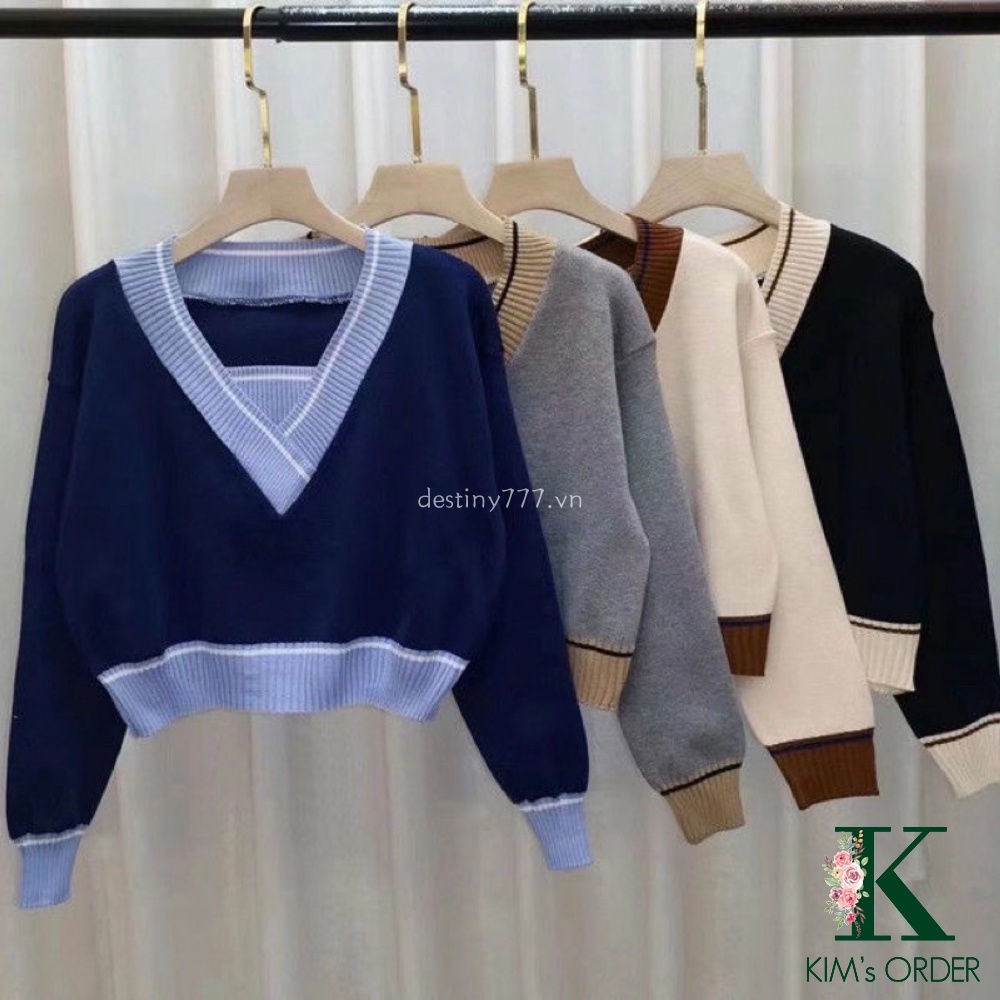 Áo len croptop tay dài cổ chữ V phong cách Hàn Quốc cho nữ