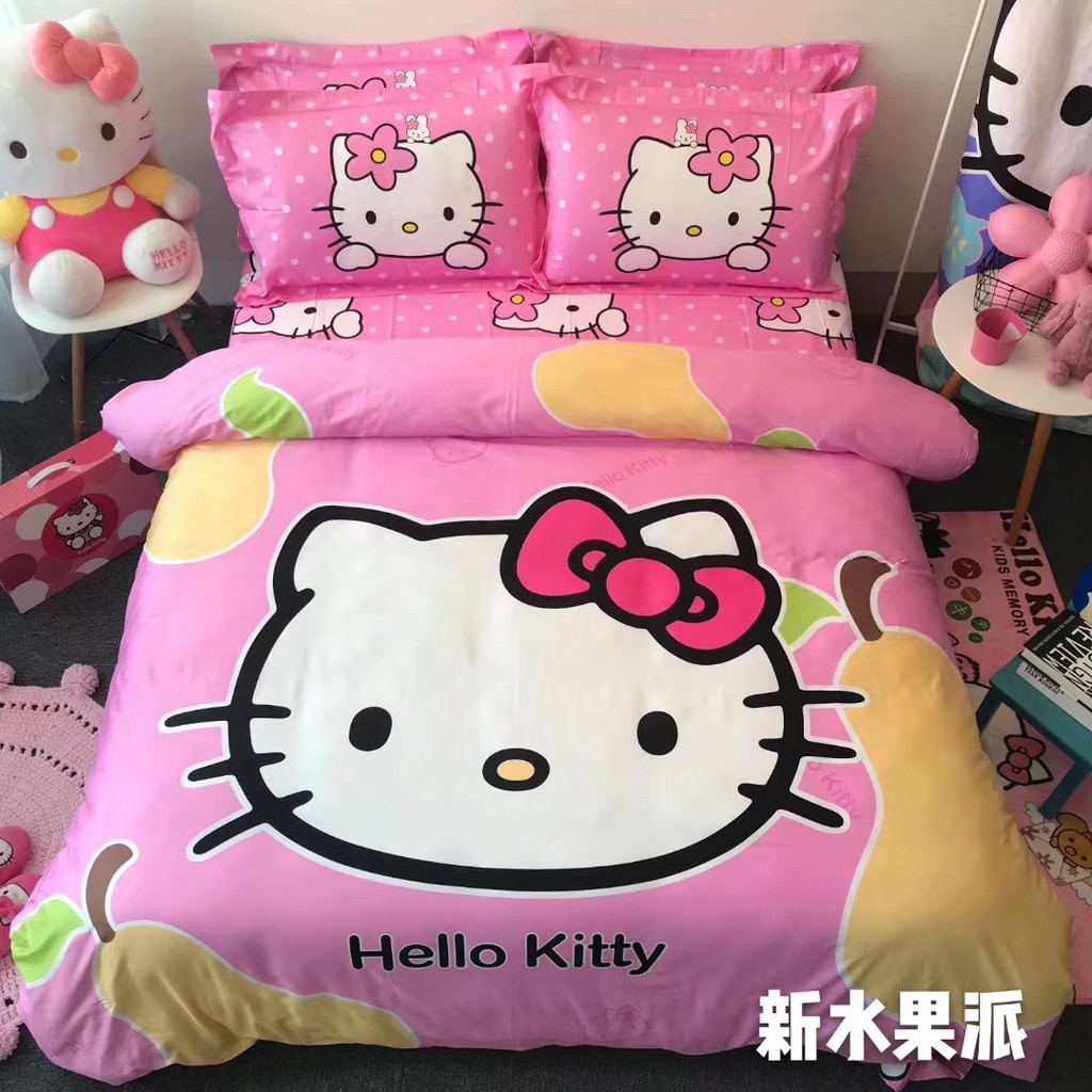 Bộ Chăn Ga Gối Cotton 100% Mẫu Mèo Hello Kitty Và Quả Lê Mềm Mịn Thoáng Mát Thấm Hút Tốt Cho Đệm 1m2 m4 m6 m8 2m 2m2