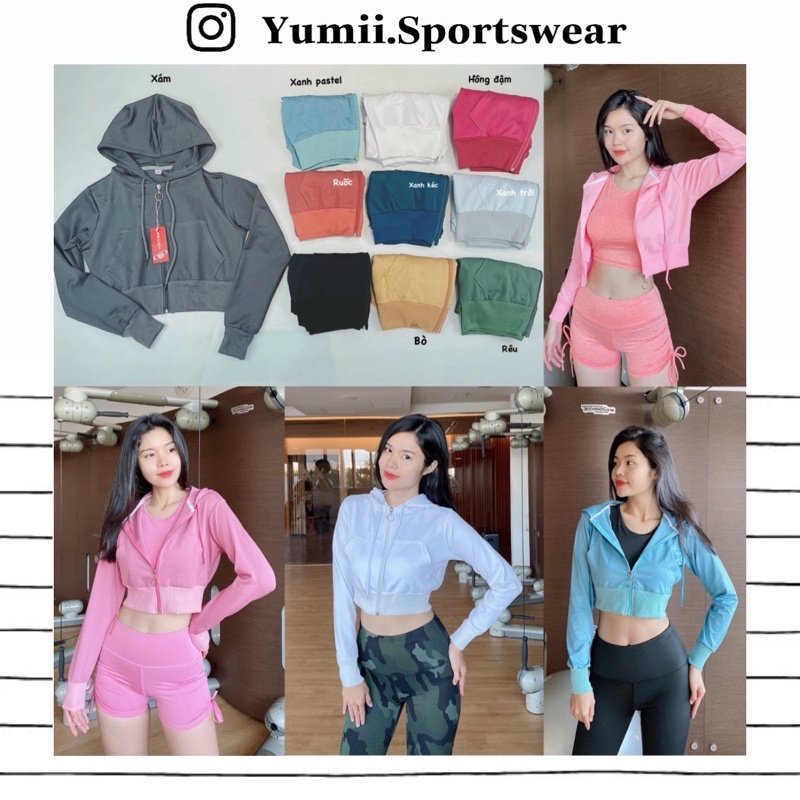 Áo Khoác Thể Thao Tập Gym Yoga Nữ - Áo Khoác Thể Thao Dáng Croptop Có Nón, Chất Thun Polly, Có Túi 2 Bên