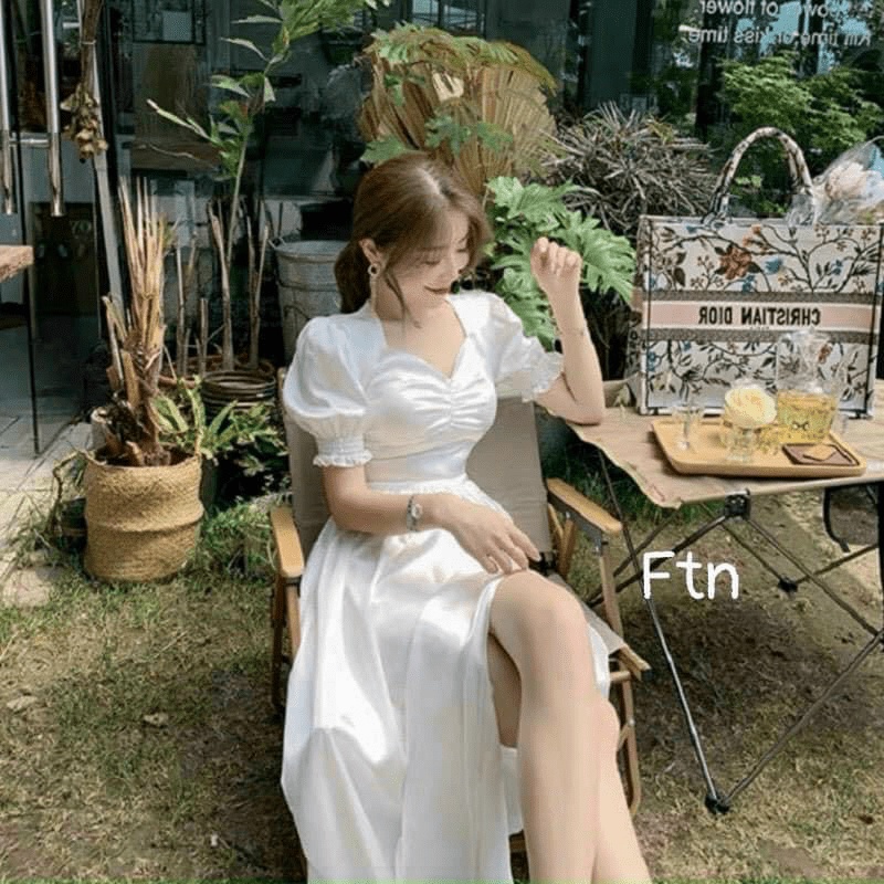 Đầm Trắng Công Chúa Tay Bồng Chất Phi Lụa 2 Lớp Có Mút Ngực Mặc Đẹp Dáng Xinh [NEW UNISEX]