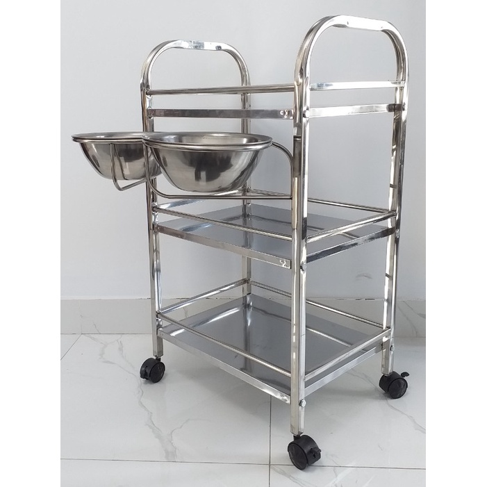 Xe đẩy spa 3 tầng inox dùng trong spa có bánh xe kèm 2 bát to