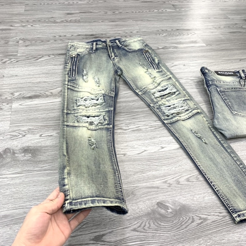 Quần jean bò nam skinny wash bụi bặm khoá zip dọc đùi phối gối rách tua chỉ phong cách đường phố QJ139P