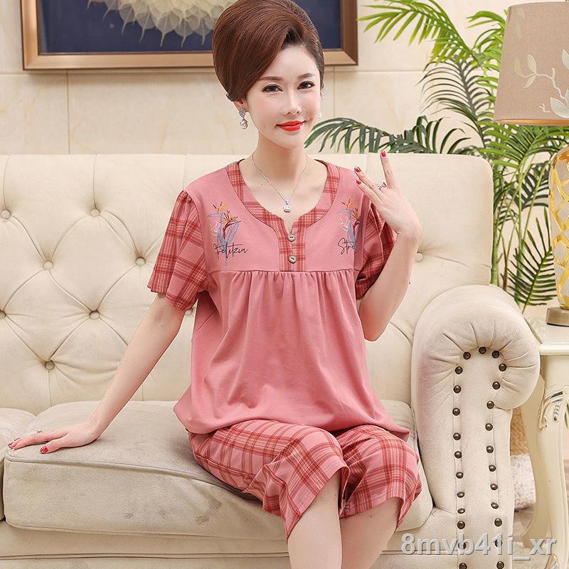 Pyjama cho phụ nữ trung niên và cao tuổi, cotton ngắn tay, size lớn, kiểu mỏng, bộ đồ phục vụ ở nhà người niên, mẹ