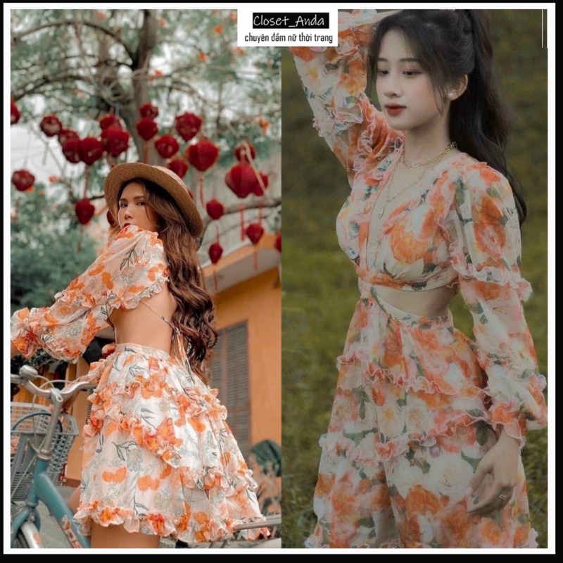 Đầm nữ dáng xòe hoa nhí tay dài hở lưng 💞FREESHIP💞 váy đi biển du lịch cổ chữ V khoét ngực hở eo nhún bèo