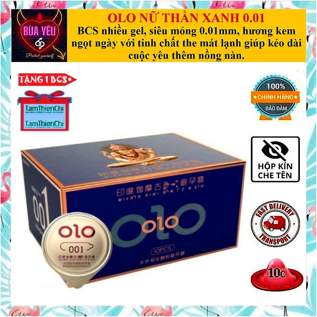 [Mua 1 tặng 1] Bao cao su 0.01 OLO xanh,siêu mỏng 0.01mm, kéo dài thời gian, mát lạnh bạc hà 10bcs [MUA 1H TẶNG 1C]