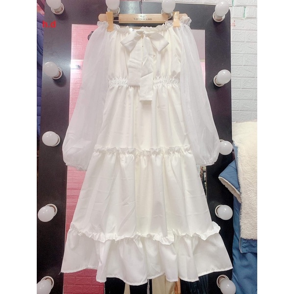 V023 Váy trắng trễ vai 2 lớp tay bồng nơ ngực dáng xòe bánh bèo công chúa Đầm tiểu thư lolita 2 tầng dự tiệc dễ thương
