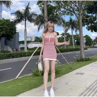 |CICI DRESS| Sẵn 1 size s Đầm len dệt cổ yếm caro đỏ Thiều Bảo Trâm TlÉA