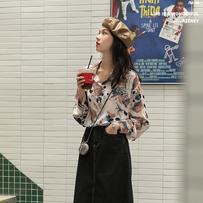 Linki ✧ Áo Sơ Mi Tay Dài Dáng Rộng Cổ Bẻ In Họa Tiết Thời Trang Cho Nữ