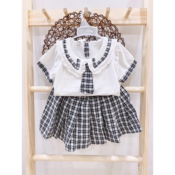 Sét chân váy cho bé, sét váy tiểu thư áo đũi viền mix chân váy xếp ly có lót quần cho bé